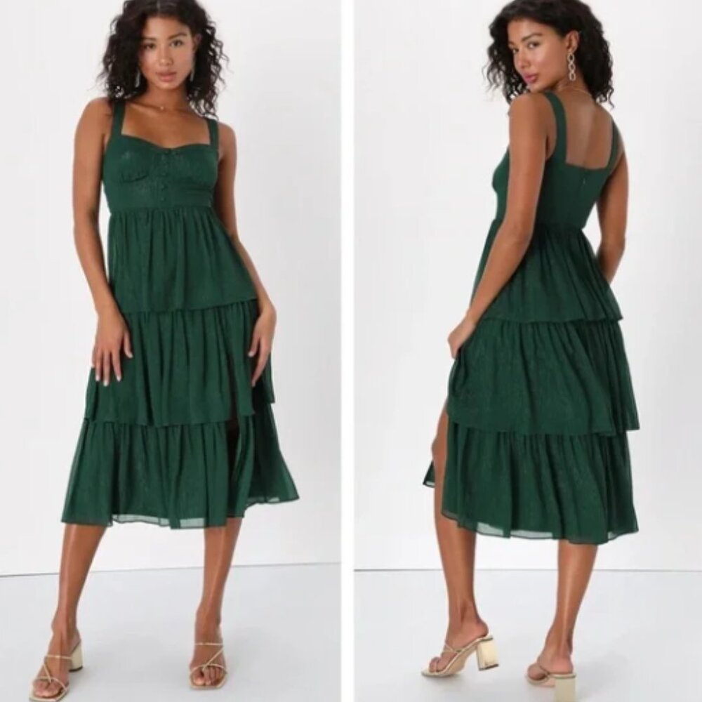 NWT Lulus Tier For the Drama Emerald Green Lurex Tiered Midi Dress